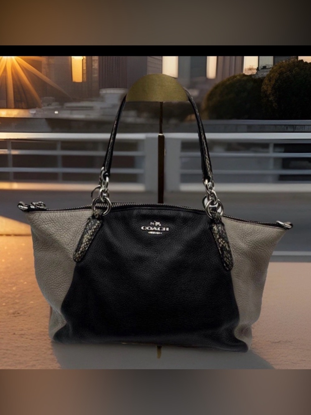 Coach Two-Tone Pebbled Leather Shoulder Tote - Black & Taupe